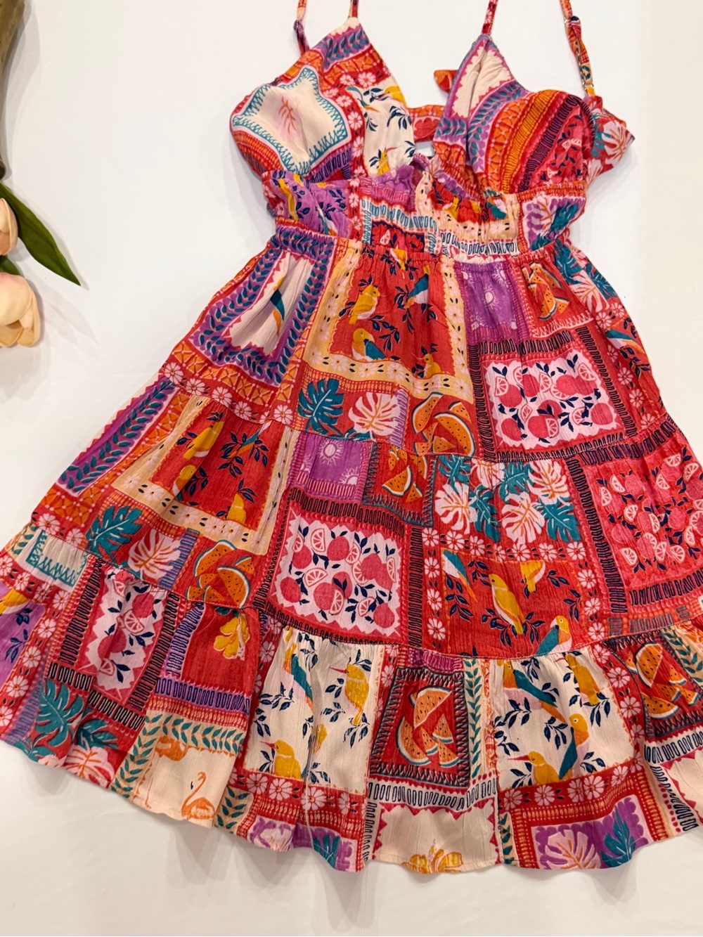 Angie Boho Patchwork Mini Dress - Red, Pink, Orange - Picture 2 of 8